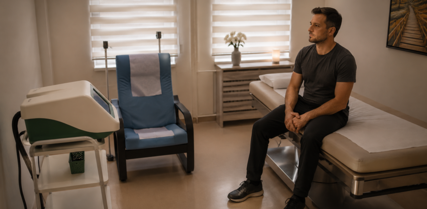 Kvantna medicina u Studio 24 Klijent sedi na Schumann terapijskom krevetu tokom inicijalne konsultacije u Studio 24, pored Magneto STYM stolice i terapijskog uređaja.