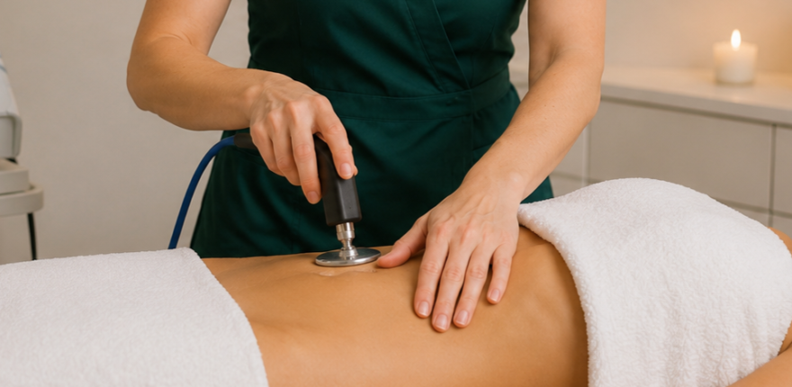 INDIBA terapija za dijastazu i postporođajni oporavak u Studio 24 Viši terapeut izvodi INDIBA terapiju abdomena u Studio 24 koristeći radiofrekventni aplikator tokom tretmana dijastaze i postporođajnog oporavka.