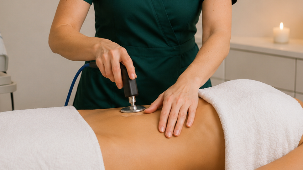 Viši terapeut izvodi INDIBA terapiju abdomena u Studio 24 koristeći radiofrekventni aplikator tokom tretmana dijastaze i postporođajnog oporavka.